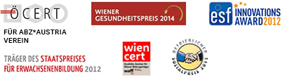 Auflistung von Logos von Organisationen, die an das ABZ*AUSTRIA einen Preis verliehen haben bzw. von Logos des Preises selbst. Dies sind: ÖCERT, Wiener Gesundheitspreis 2014, esf Innovationsaward 2012, Träger des Staatspreises für Erwachsenenbildung 2012, wiencert, Betrieblicher Sozialpreis 2011