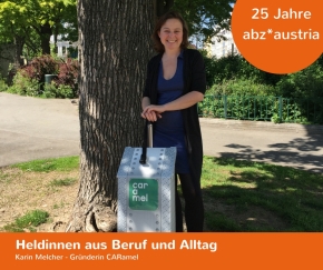Von der Physiotherapeutin zur Start-up-Gründerin einer mobilen Autoreinigung mit umweltfreundlichen Mitteln: Karin Melcher Karin Melcher steht im Park und lächelt in die Kamera. Ihre Hände hat sie dabei auf ein Reinigungsgerät gestützt.