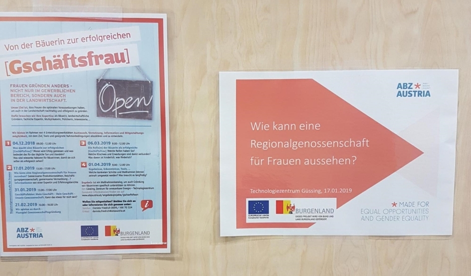 Ein spezieller Schwerpunkt des Projekts ist die Gründung im bäuerlichen Bereich. Bäuerinnen, die ihre Produkte an die Frau und den Mann bringen wollen, sollen genauso adäquat unterstützt werden, wie Frauen im gewerblichen Bereich. Plakate des Projekts Gschäftsfraun
