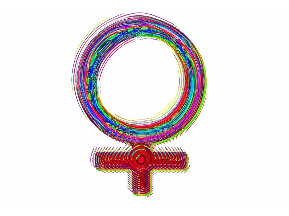 Symbol für Frau bestehend aus einem Kreis mit Kreuz darunter in Regenbogenfarben